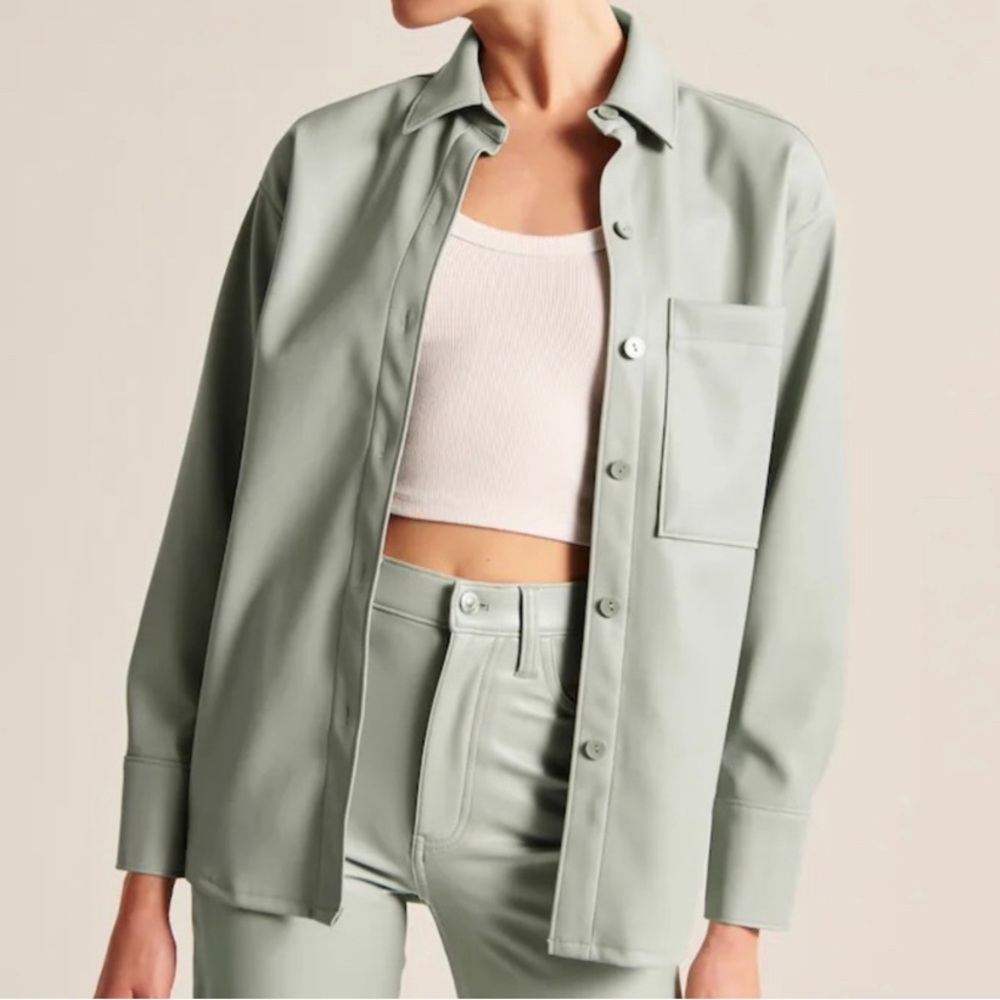 NWT Abercrombie and Fitch Oversized Mint Green Vegan Leather Shirt Sz M